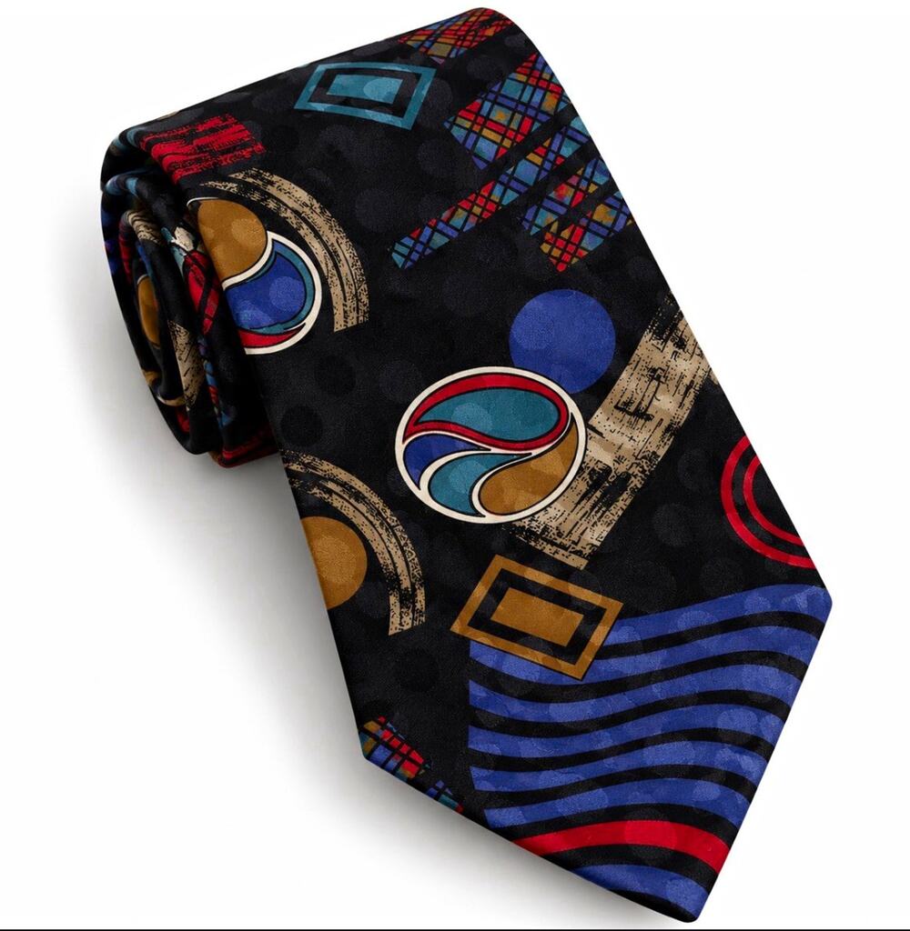 Vintage Bugatti 100% Silk Tie 90s Memphis Geometric Abstract Black Multicolor